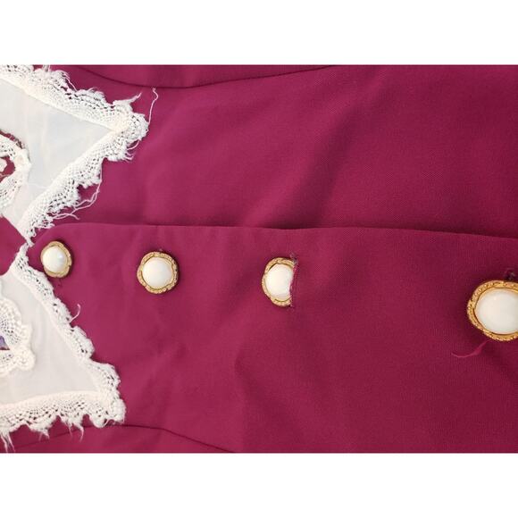 VINTAGE Jacket Blouse Womens 14P Burgundy Lace Hanky Collar Floral 80s Buttons - Picture 11 of 12